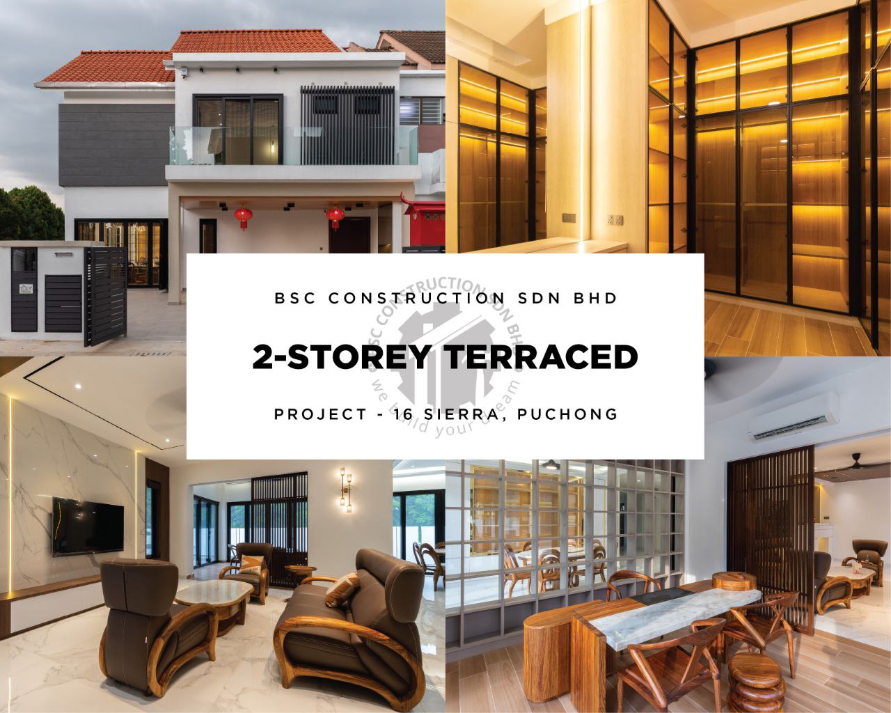 BSC Construction — whole house revamp with front, side, and rear double storey extension, custom kitchen, glass staircase, home theatre, and full interior renovation in Kuala Lumpur